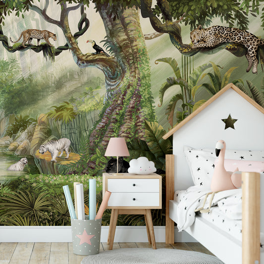 Jungle Cats Wallpaper In Girl's Pink Bedroom