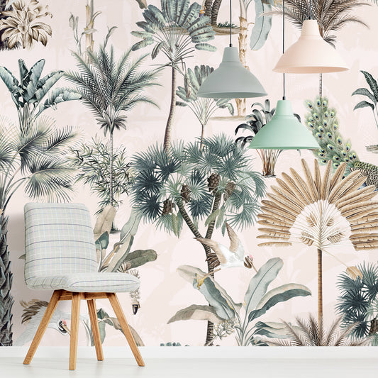 Jungle Chic Beige Wallpaper With Grey Cottom Chair and Pastel Lighting Lamps Hanging Down from The Ceiling