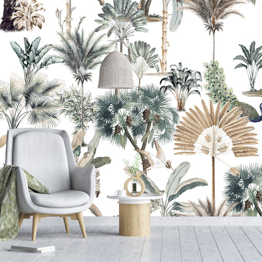 Jungle Chic Wallaper in White Room With Grey Chair