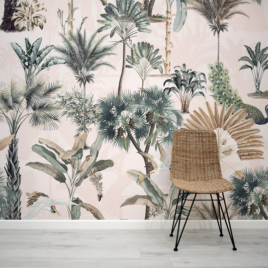 Jungle Chic Wallpaper With Woven Wooden Chair