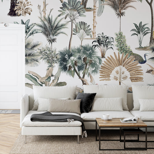 Jungle Chic Wallpaper in White Kiving Room With White Sofa And Wooden Chair