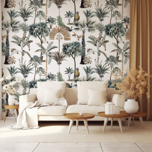 Jungle Chic White In Living Room With Cream Sofa With Wooden Coffee Tables And Golden Curtain