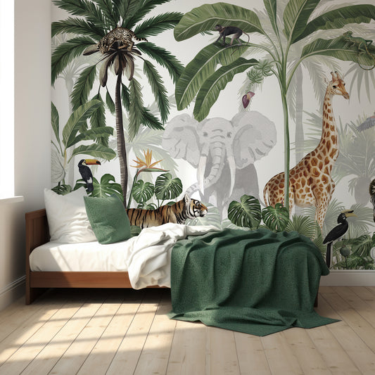 Jungle Jive In Children's Bedroom With Wooden Bed and White And Dark Green Blankets