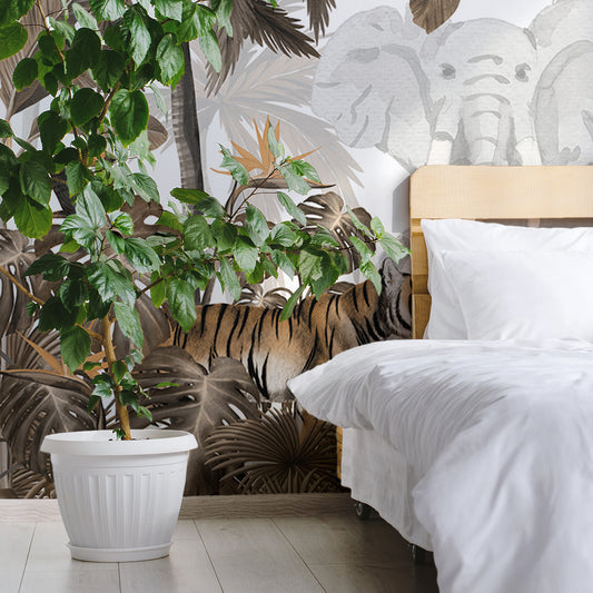 Jungle Jive Sepia Wallpaper In Bedroom With Large Green Plant