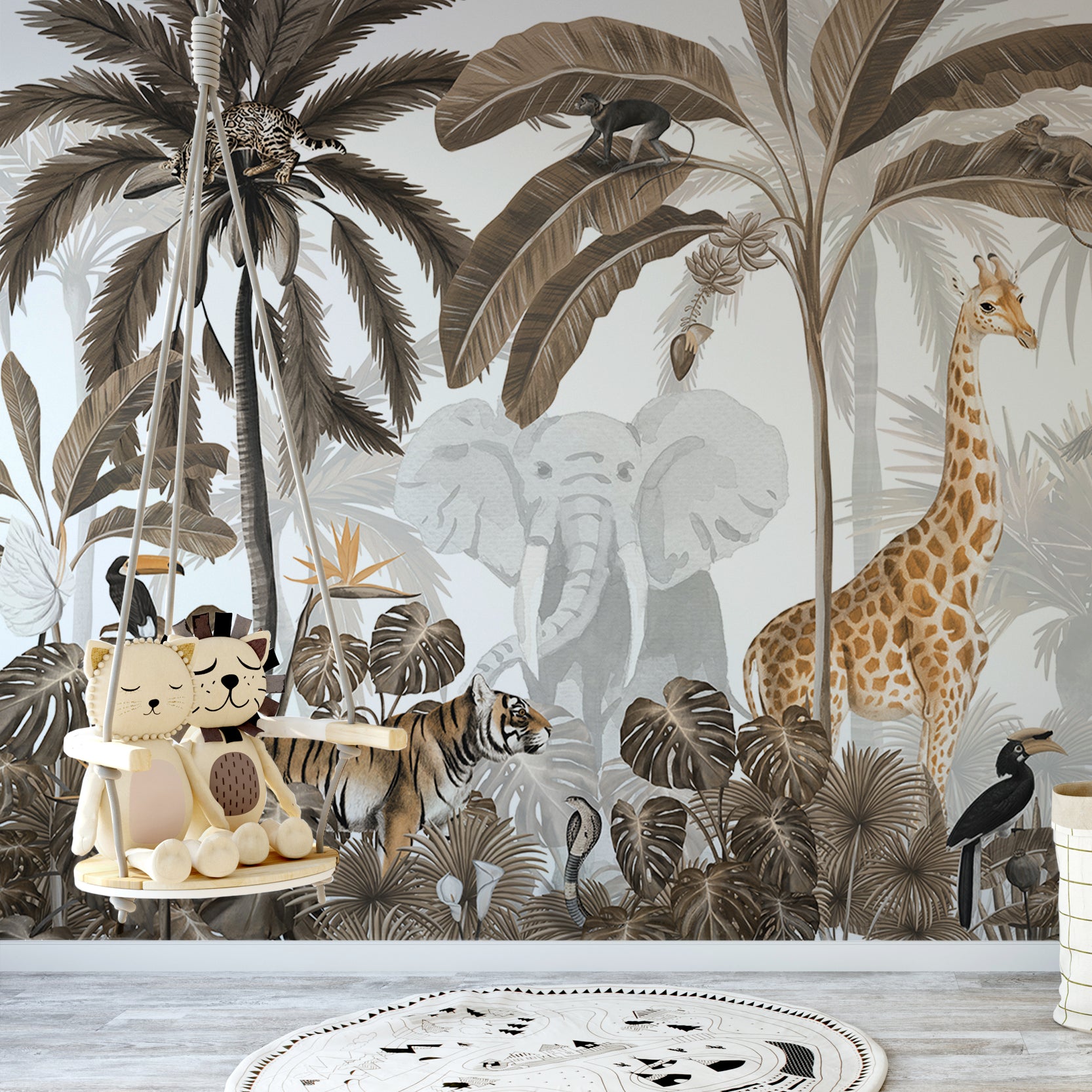 Wall Mural - Children's Tropical Sepia Animal Jungle - Removable Wallpaper (Peel & Stick) - Made to Measure