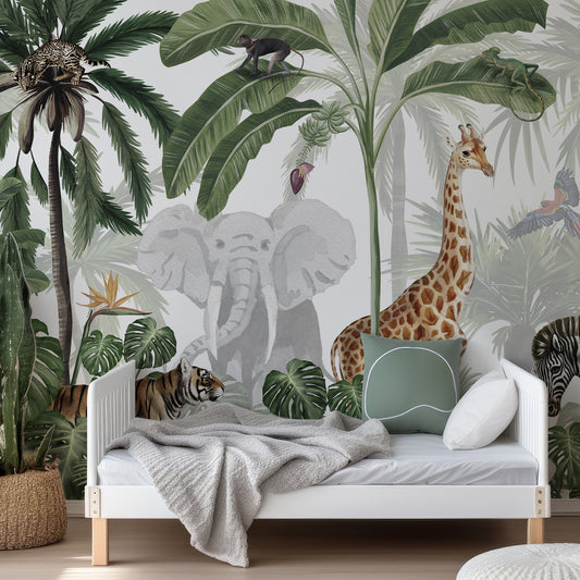 Jungle Jive Wallpaper In Child's Bedroom With Green Bedding With White Bed And White Bed Frame