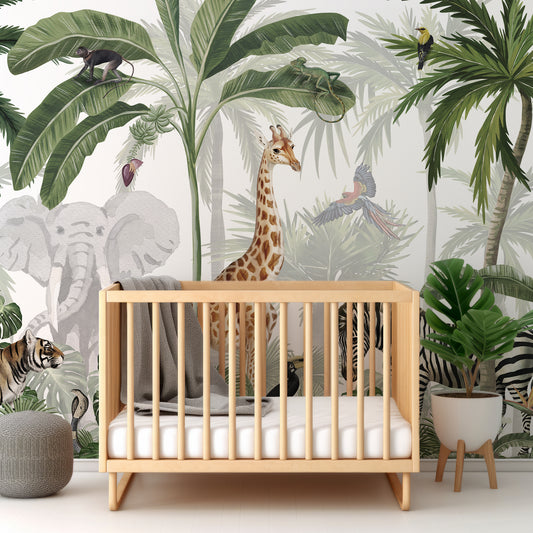 Jungle Jive Wallpaper In Nursery With Wooden Crib And Green Plant And Grey Blankets