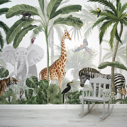 Jungle Jive Wallpaper Mural In Room With Grey Chair