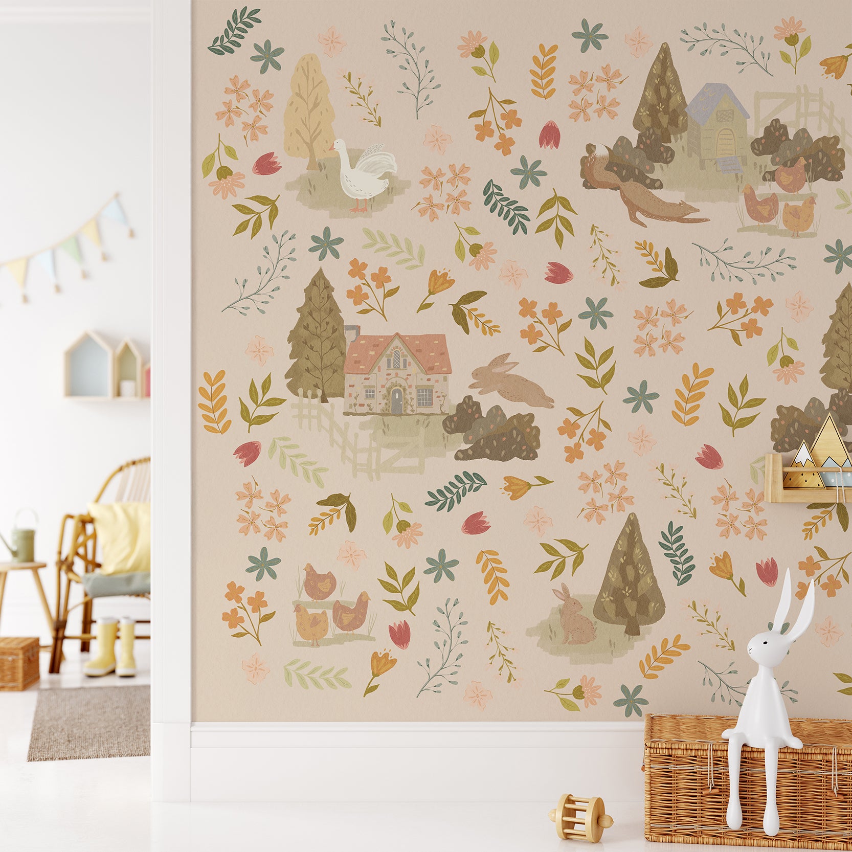 Wall Mural - Cute Countryside Animals - Traditional Wallpaper (Paste-the-wall) - Made to Measure