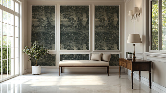 Katharine Indigo Wallpaper with modern interior design of a living room with a bench, lamp, and decorative wall art.