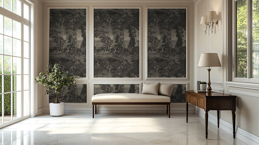 Katharine Mono Wallpaper in a modern living room with a bench, lamp, and decorative wall art.