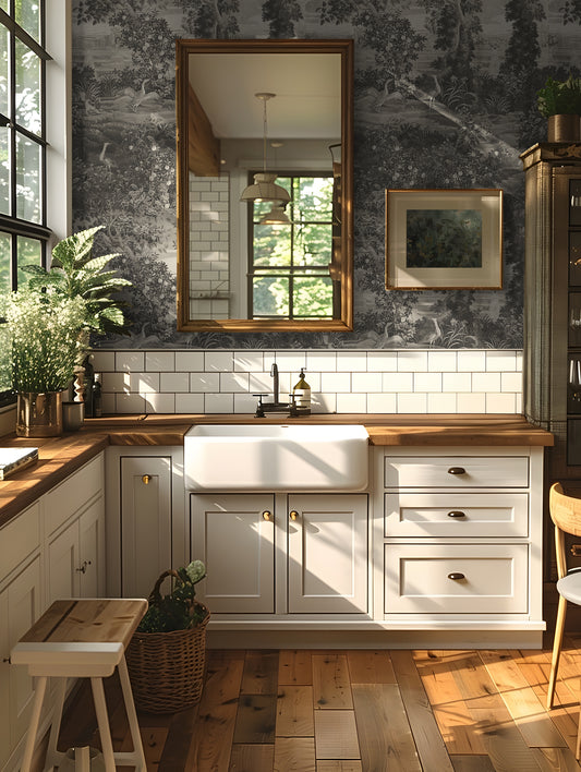 Katharine Mono Wallpaper in a modern kitchen with white cabinets, wooden countertops, and a large mirror on the wall.