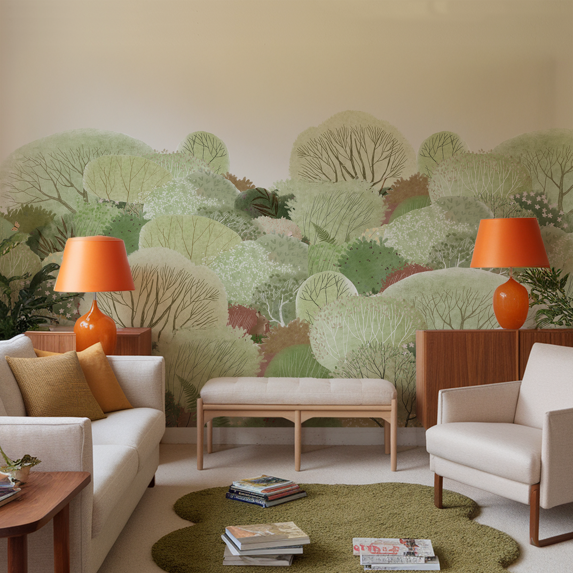 Wall Mural - Soft Watercolor Forest Landscape with Lush Green Foliage - Removable Vinyl (Peel & Stick) - Made to Measure