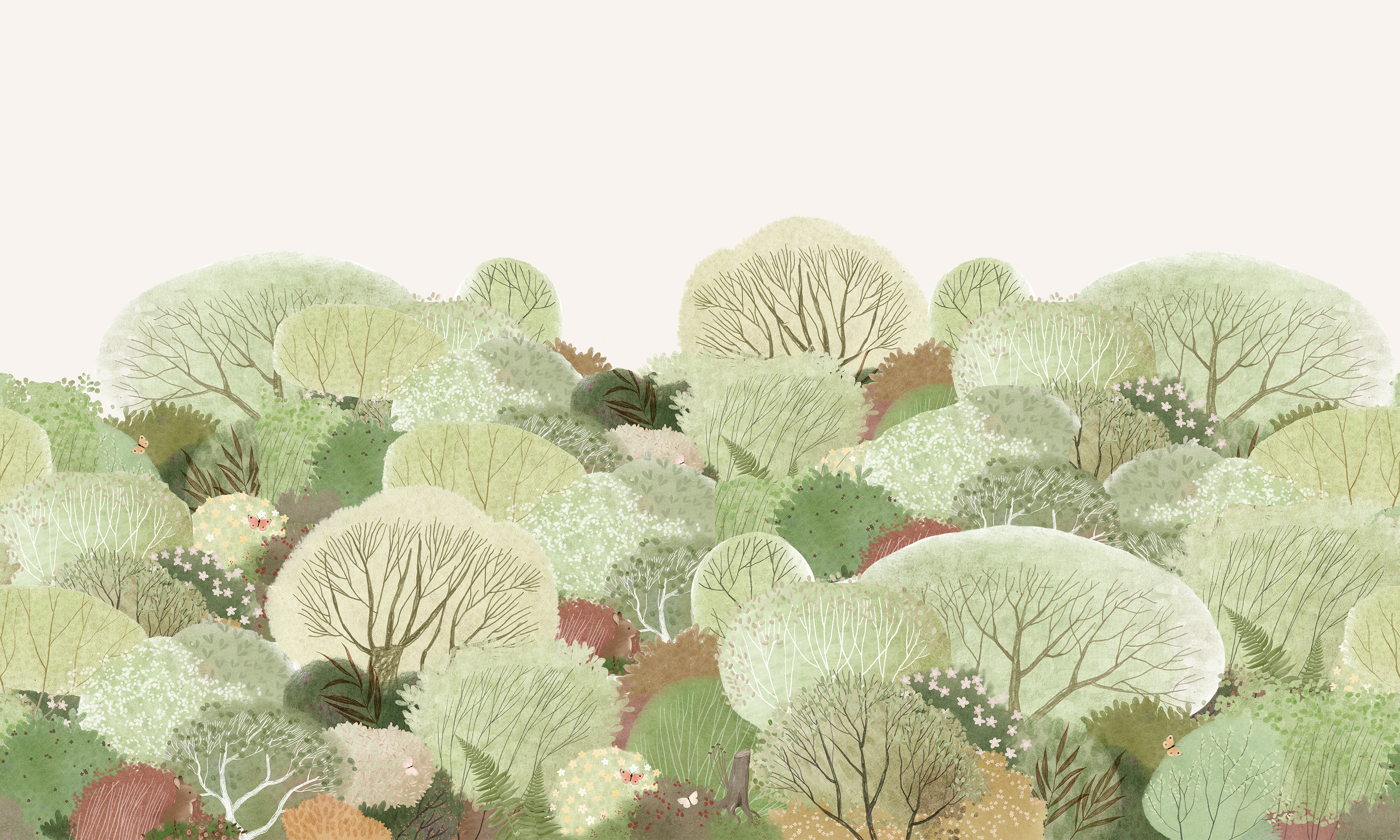 Kiele Watercolor forest wallpaper mural Illustration of trees in various shades of green on a white background