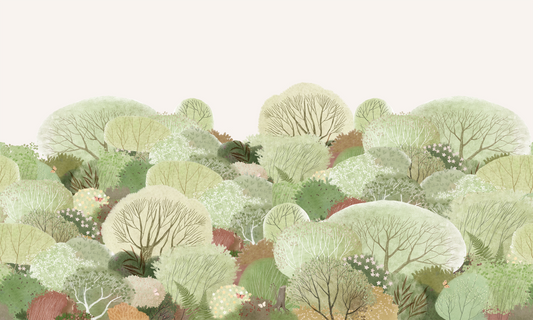 Kiele Watercolor forest wallpaper mural Illustration of trees in various shades of green on a white background