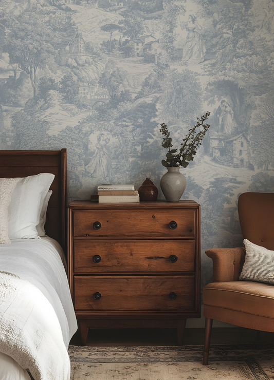 Kitty - French Blue Timeless Romantic Toile Pattern Wallpaper Mural