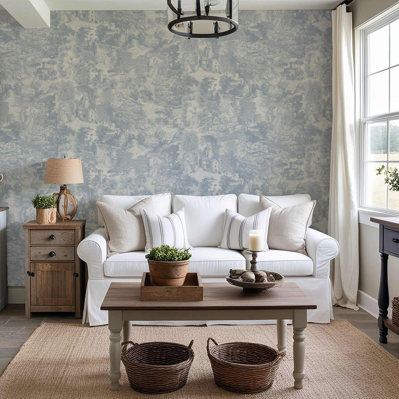 Wall Mural - French Blue Timeless Romantic Toile Pattern - Removable Wallpaper (Peel & Stick) - Made to Measure
