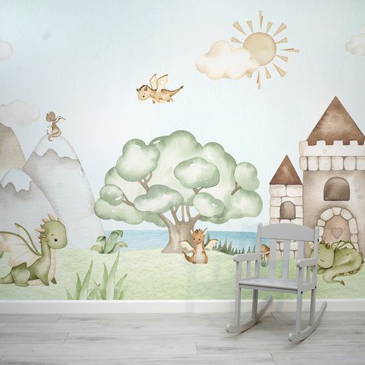Lancelot Watercolour Storybook Dragon Illustration Wallpaper Mural with Baby Chair