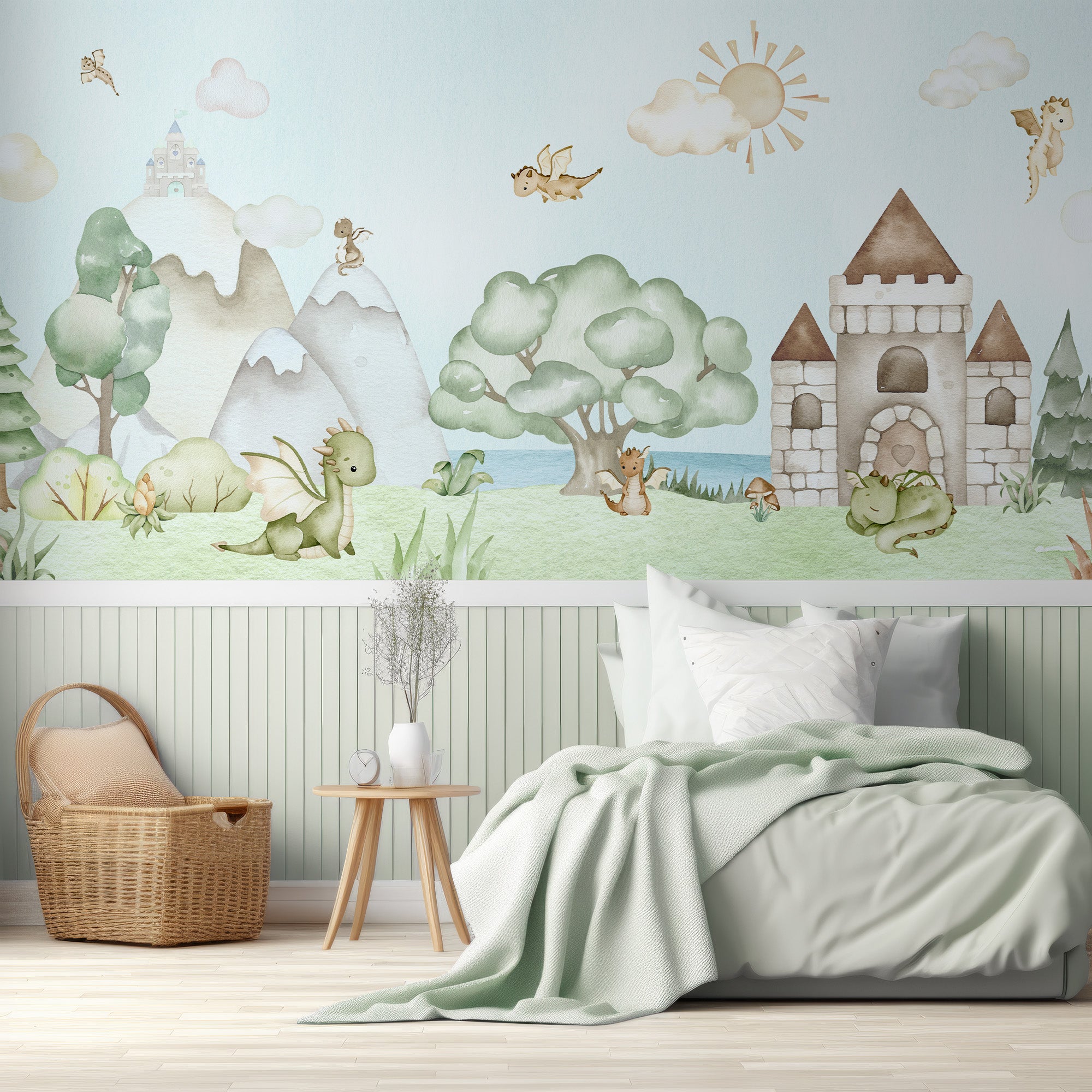 Wall Mural - Watercolour Storybook Dragon Illustration - Traditional Wallpaper (Paste-the-wall) - Made to Measure