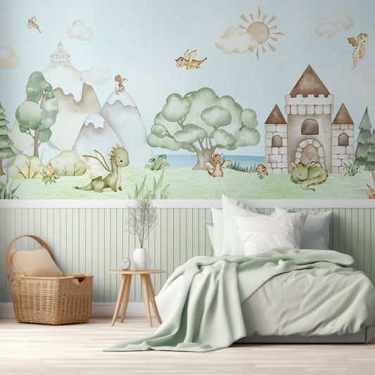 Lancelot Children's Dragon Watercolor Wallpaper In Children's Bedroo With Single Baby Blue Bed, Blue Panelled Walls And Wooden Baskets