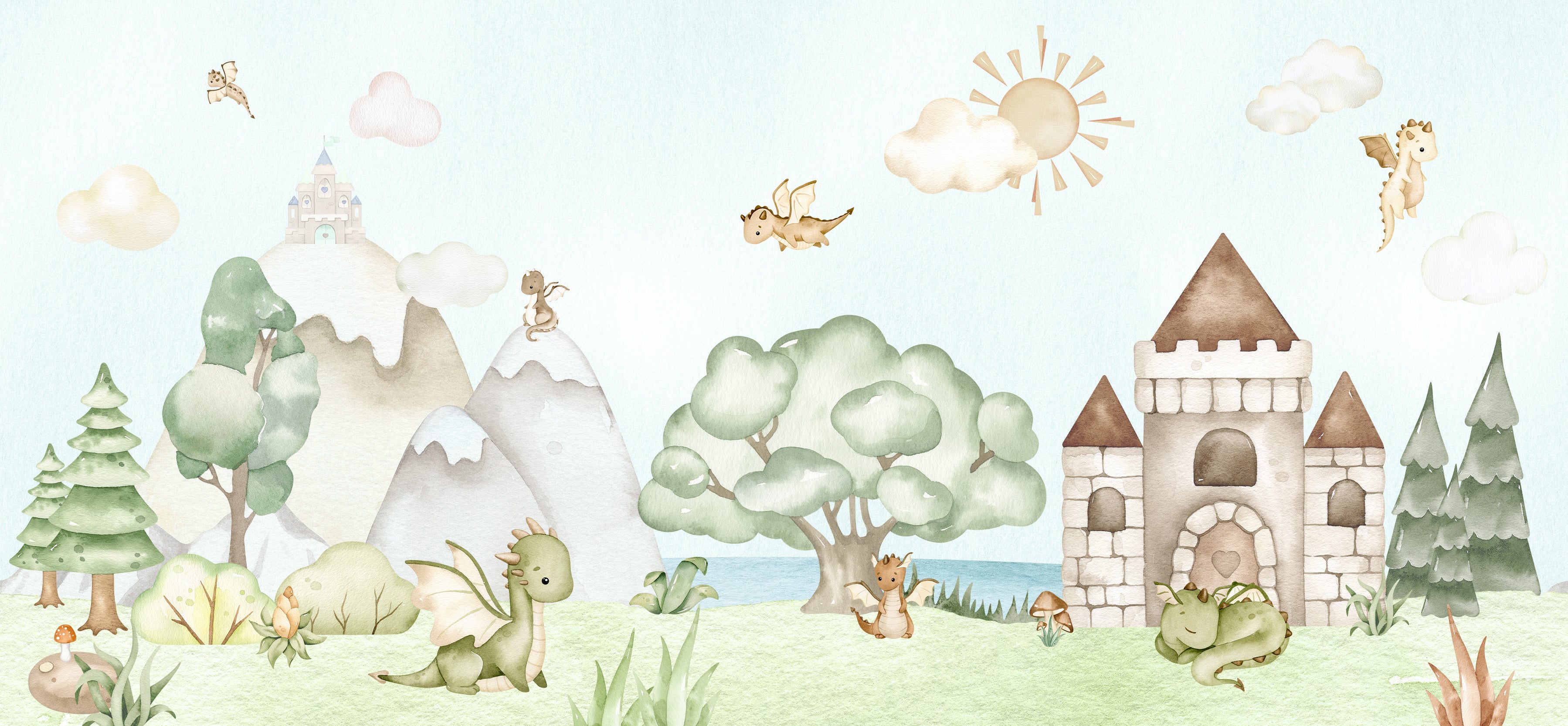 Lancelot Watercolour Storybook Dragon Illustration Wallpaper Mural Full Artwork