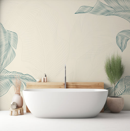Leafy Elegance Wallpaper In Bathroom With White Bathtub And Green & Beige Plants With Wooden Backing