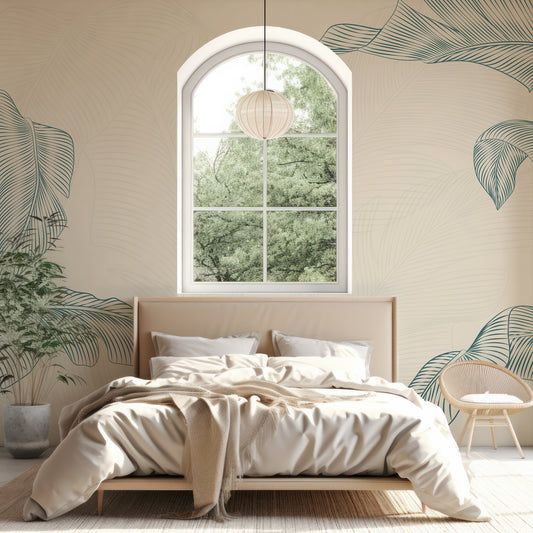 Leafy Elegance Wallpaper In Beige Bedroom With Beige Bed With 4 Pillows And Arch Open Window With Green Trees In The Background