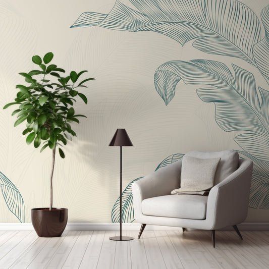 Leafy Elegance Wallpaper In Room With Grey Chair, Large Green Plant And Black Lamp