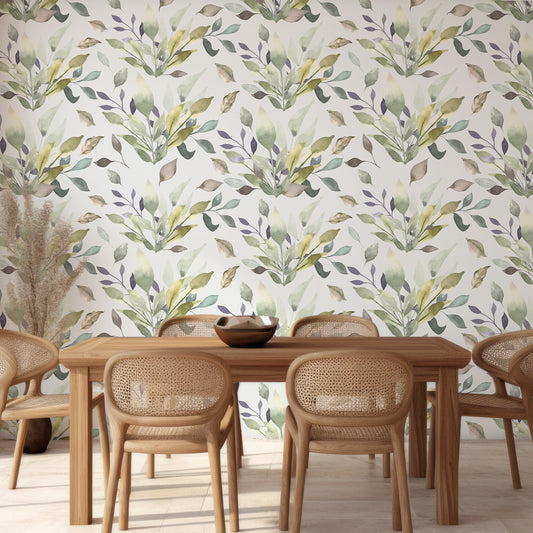Leafy Kaleidoscope In Dining Room With Wooden Table And Chairs And Beige Plant