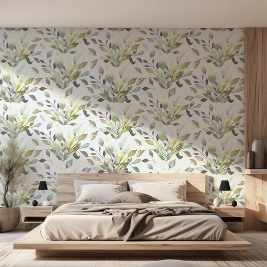 Leafy Kaleidoscope Wallpaper In Bedroom With Wooden Bed, Grey Neutral Bedding, Black Lamps, Large Green Plant