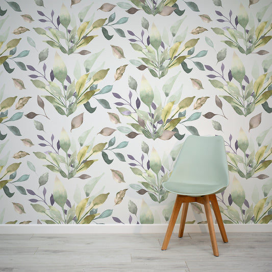 Leafy Kaleidoscope Wallpaper In Room With Green Chair
