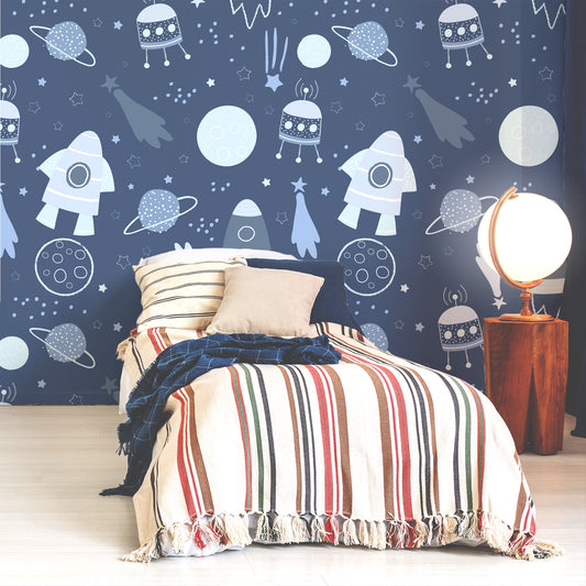 Leo Midnight Wallpaper In Bedroom With Single Stripy Bed And Glowing Globe