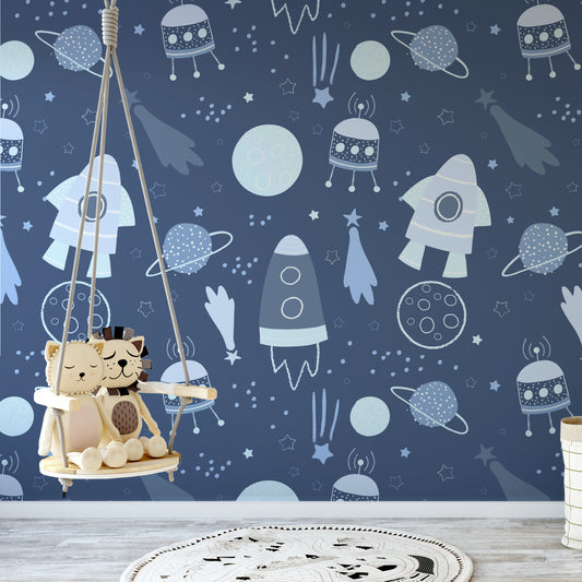Leo Midnight Wallpaper In Children's Bedroom With Hanging Plush Toys