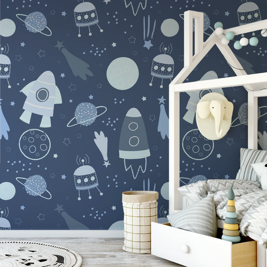 Leo Midnight Wallpaper In Children's Bedroom With White Bed & Elephant Coat Hanger