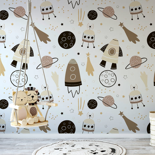 Leo Neutral Wallpaper In Children's Bedroom With Hanging Plush Toys
