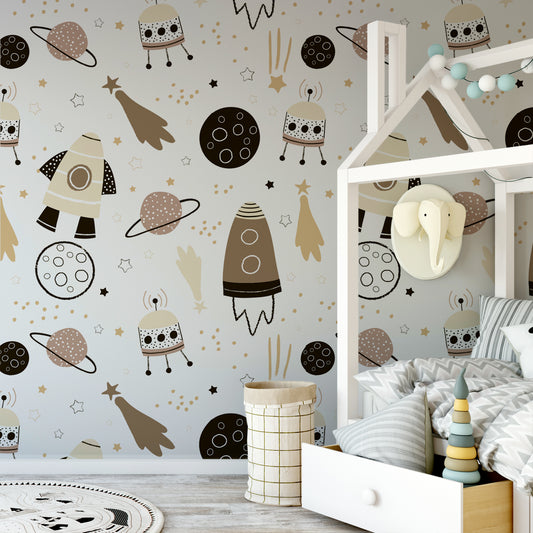 Leo Neutral Wallpaper In Children's Bedroom With White Bed & Elephant Coat Hanger
