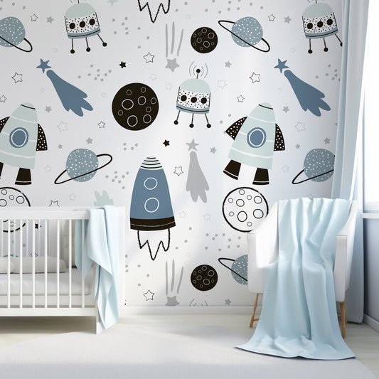 Leo Space Themed Wallpaper In Baby Blue Nursery Room With White Cot & Blankets