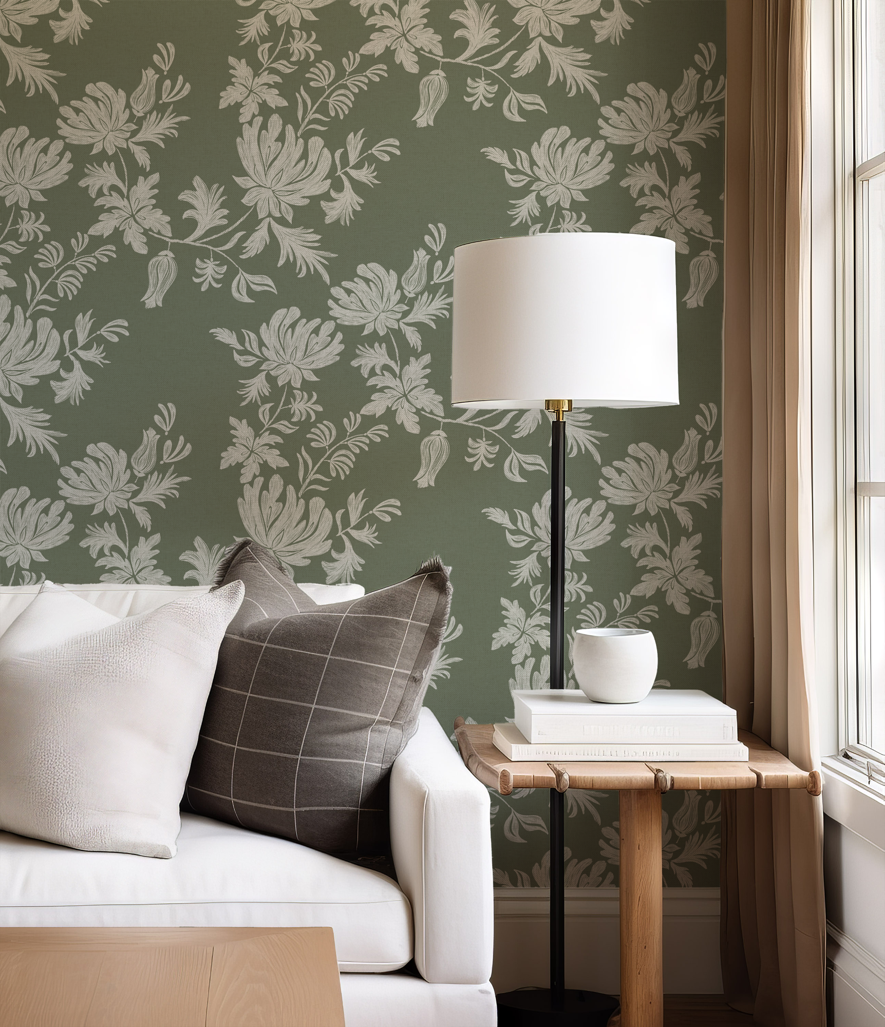 Wall Mural - Elegant Green Botanical Line Art Floral Pattern - Removable Wallpaper (Peel & Stick) - Made to Measure