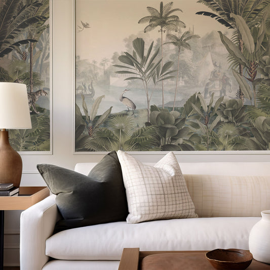 Leopard Landscape in living room with white couch and wooden furniture