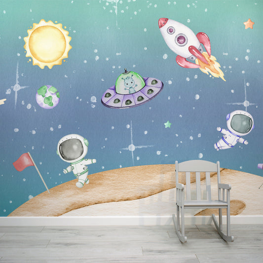 Light Year Cute Watercolour Children's Space Wallpaper Mural with Baby Chair