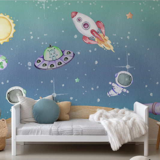 Light Year Children's Space Astronaut Wallpaper In Child's Bedroom With White Bedroom And Circular Cushions