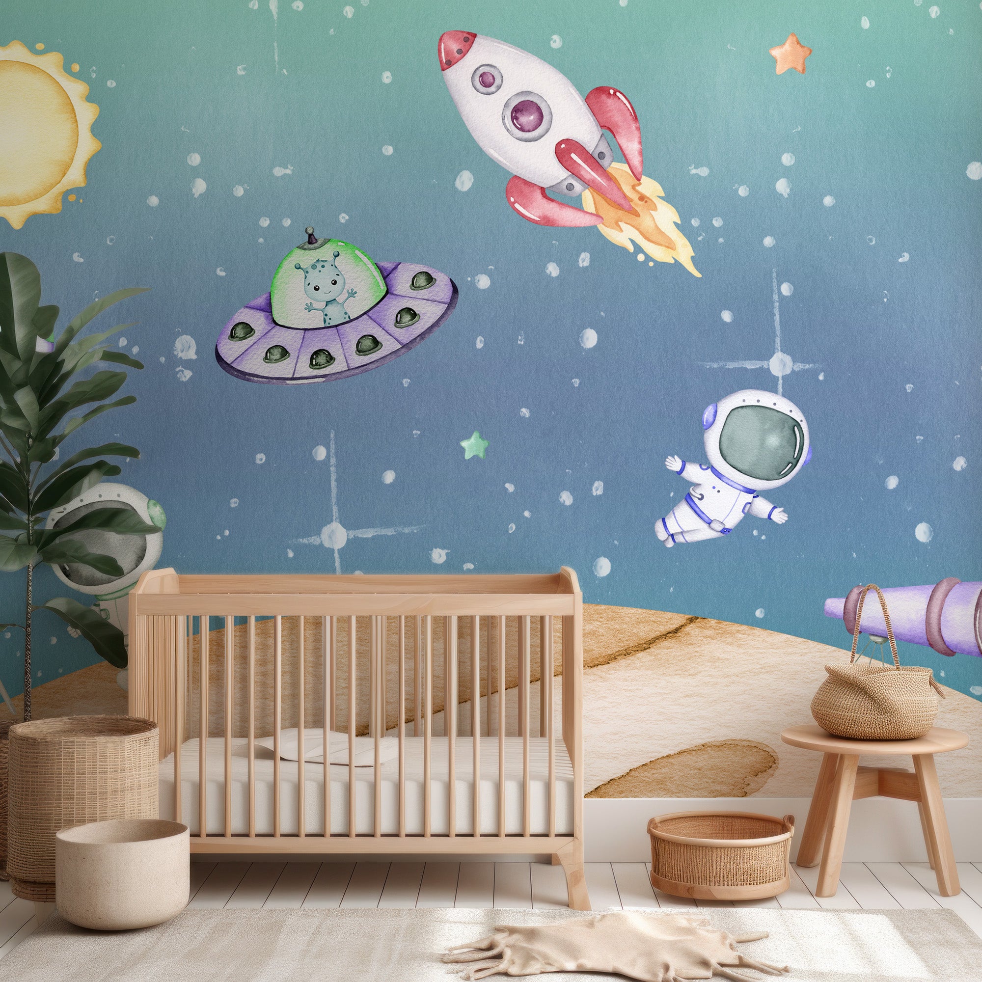 Wall Mural - Cute Watercolour Children's Astronauts in Space - Traditional Wallpaper (Paste-the-wall) - Made to Measure