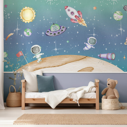 Light Year In Child's Bedroom With Small Wooden Bed And White And Blue Bedding With Half Wallpapered Wall And Half Painted Blue Wall