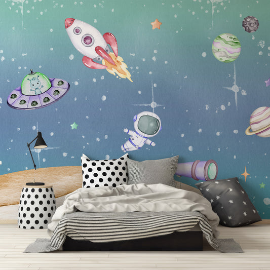 Light Year In Child's Bedroom With Monochrome Bed And Black & White Polkadot Pillows