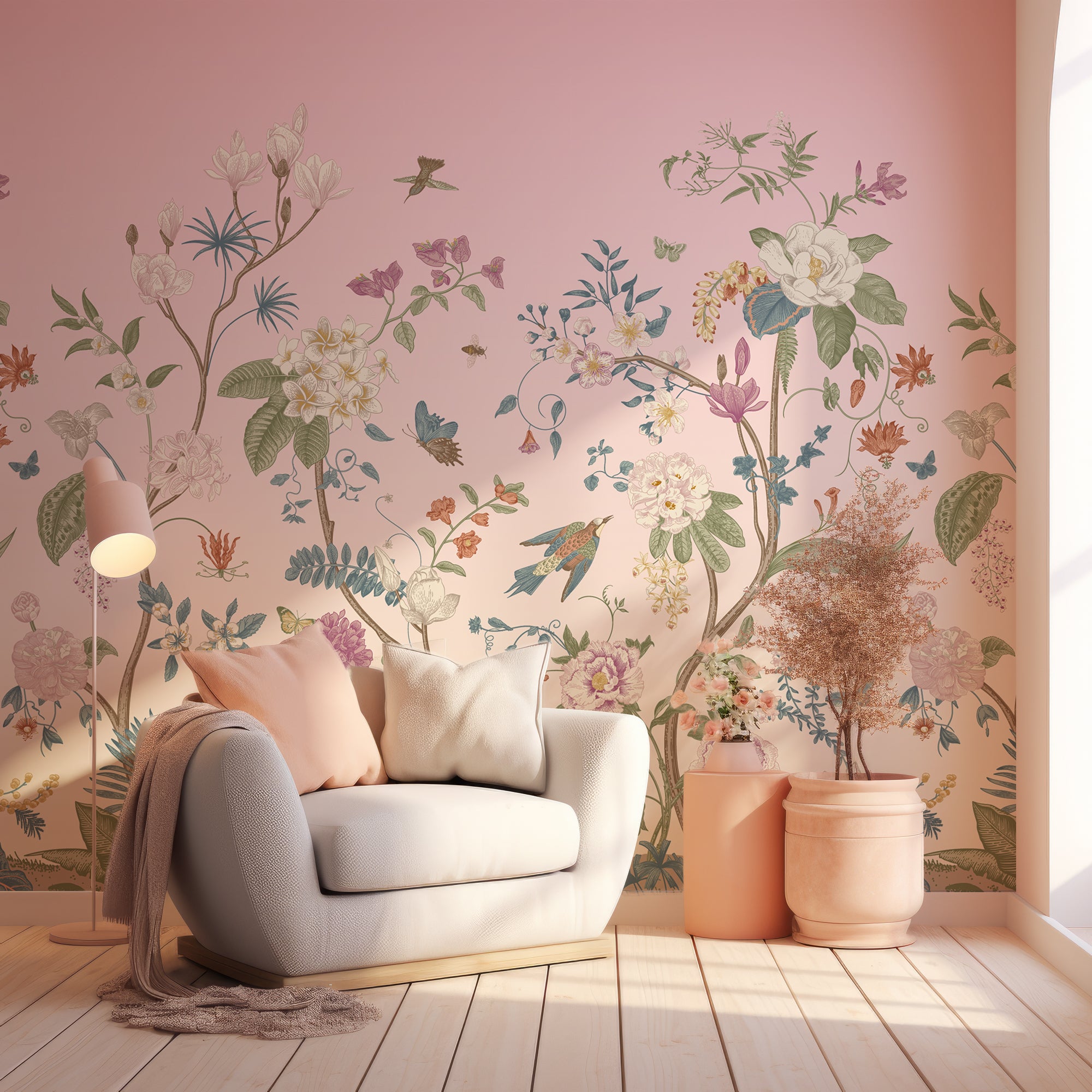 Wall Mural - Pink Botanical Victorian Plants, Florals and Birds - Removable Wallpaper (Peel & Stick) - Made to Measure