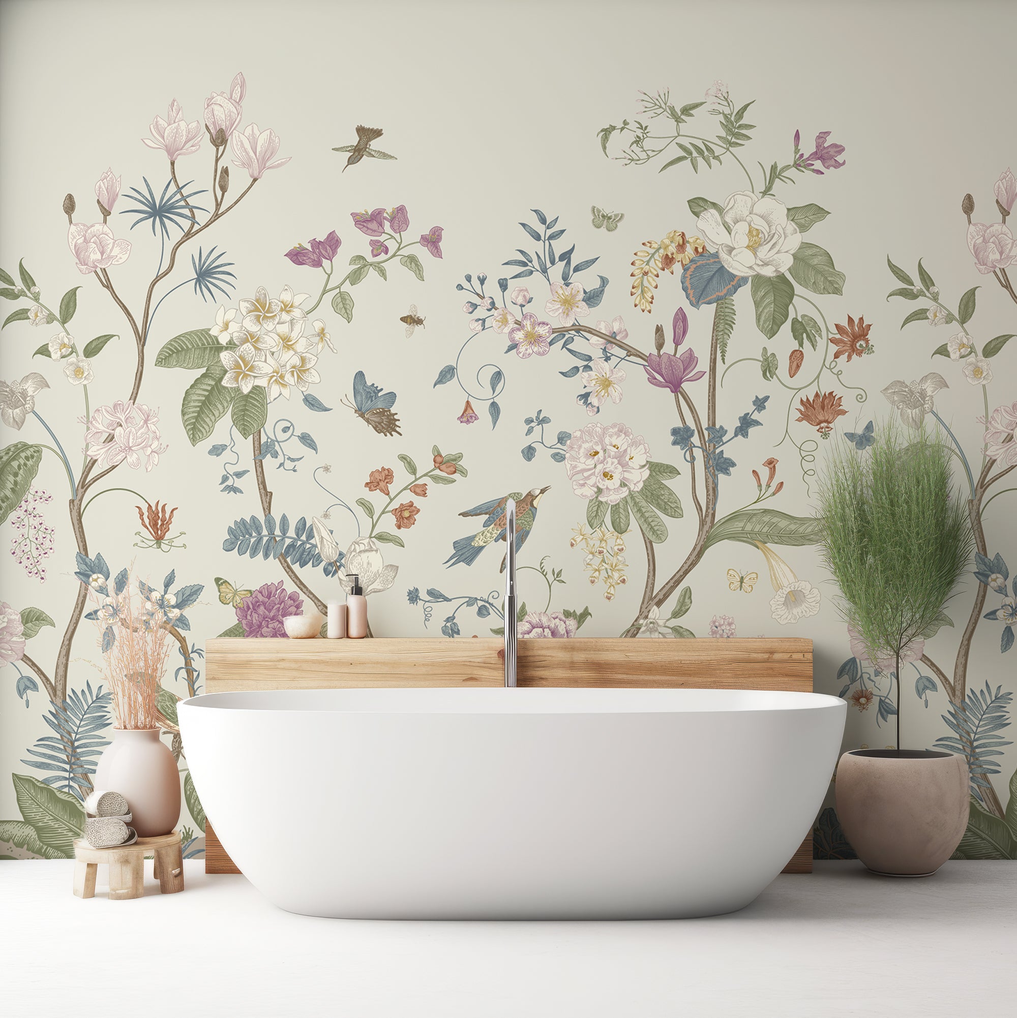 Wall Mural - Green Botanical Victorian Plants, Florals and Birds Wallpaper - Removable Wallpaper (Peel & Stick) - Made to Measure