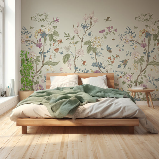 Lily Lane Wallpaper In Bedroom With Great Lighting With Green Queen Size Beds And Wooden Floor