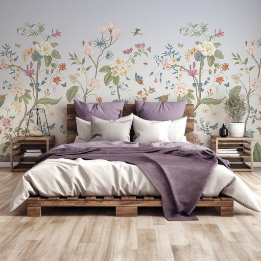 Lily Lane Wallpaper In Bedroom With Purple Queen Size Bedding On A Dark Wooden Bed