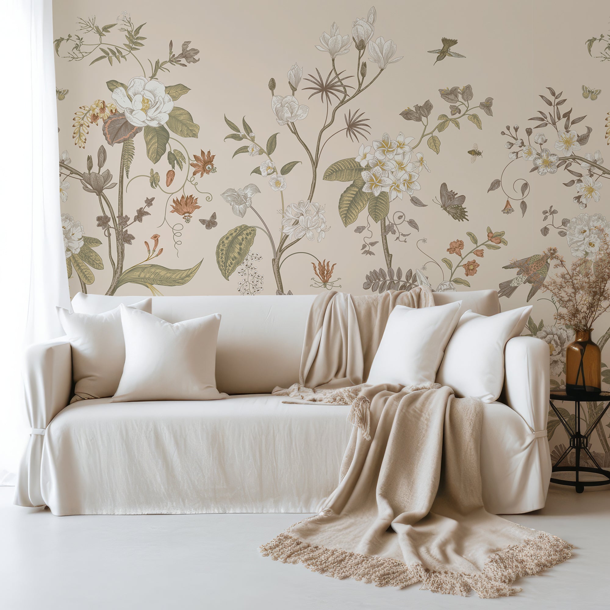Wall Mural - Beige Botanical Victorian Plants, Florals and Birds Wallpaper - Removable Wallpaper (Peel & Stick) - Made to Measure