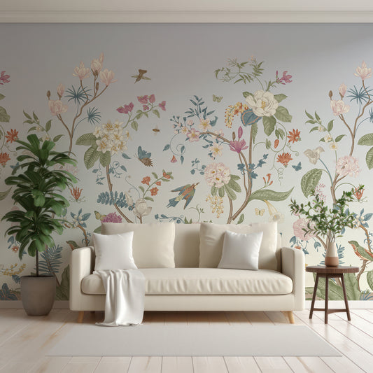 Lily Lane Wallpaper In Living Room With White Sofa, Cushions And Blankets With Green Tall Plants Either Side Of The Sofa